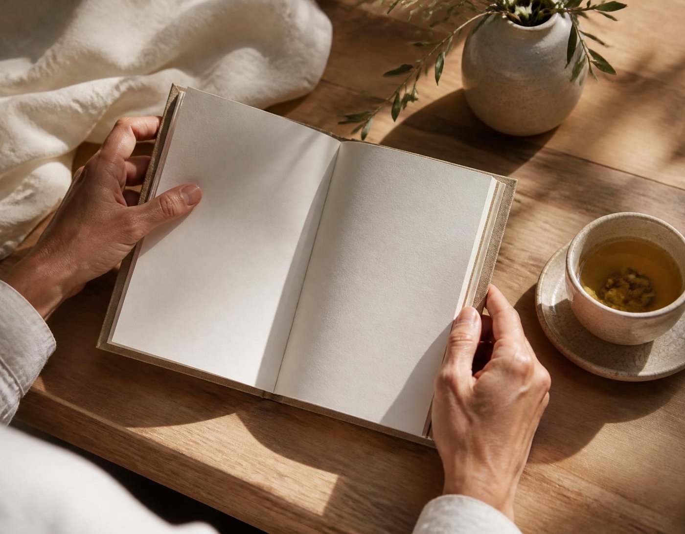 Cuaderno abierto sobre una mesa de madera con una infusión y luz de mañana
